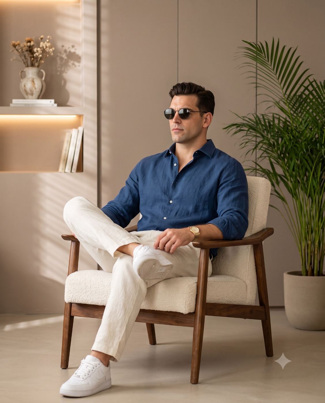 Stylish Man in Modern Interior Lifestyle Portrait AI Photo Editing Prompt. AI generated lifestyle portrait of a handsome man wearing a blue linen shirt, white trousers, and sunglasses, relaxing on a mid-century armchair in a sunlit minimalist room.