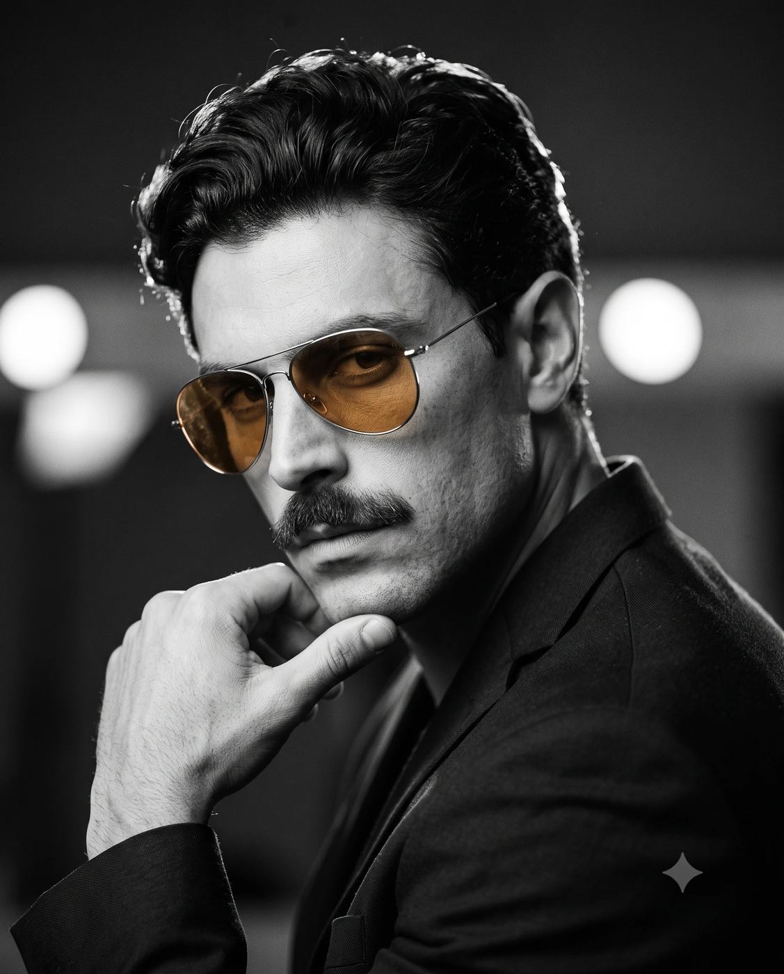 AI image prompt: Create a 4:5 black and white cinematic studio portrait of a man wearing a dark jacket and thin-metal aviator sunglasses with amber lenses.