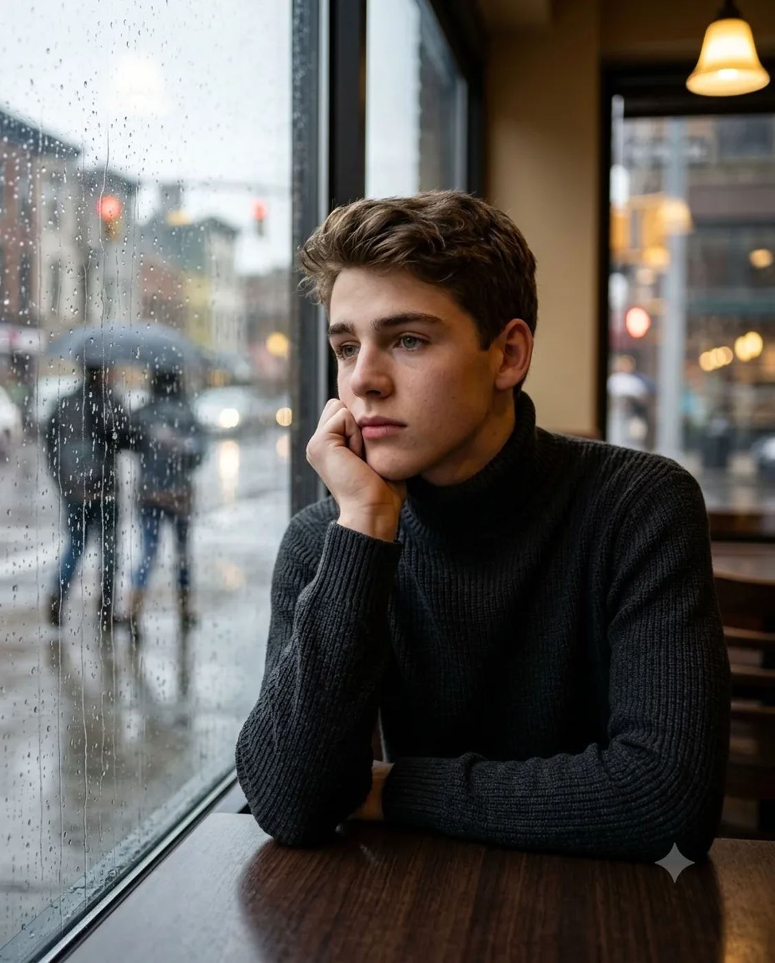 Cinematic Moody Portrait AI Photo Editing Prompt. AI generated photorealistic portrait of a pensive young man in a black turtleneck sitting by a rainy cafe window.