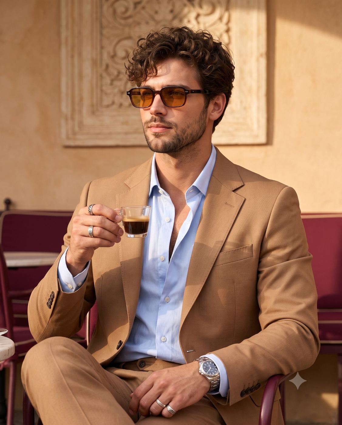 Stylish Man in Tan Suit Drinking Espresso Portrait AI Photo Editing Prompt. AI generated lifestyle portrait of a handsome bearded man in a camel suit and sunglasses holding a cup of espresso at a sunny outdoor cafe.