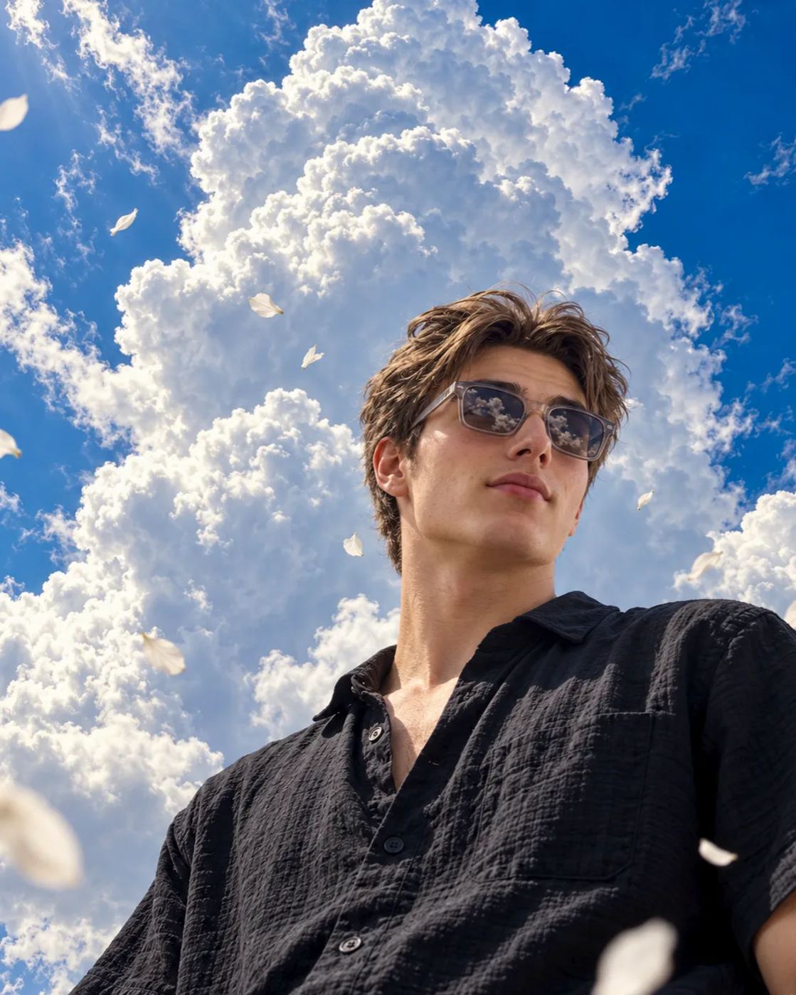 AI Photo Editing Prompt: Cinematic low-angle photo of a young man wearing sunglasses and a black shirt, looking up at a bright blue sky with towering clouds and drifting petals.