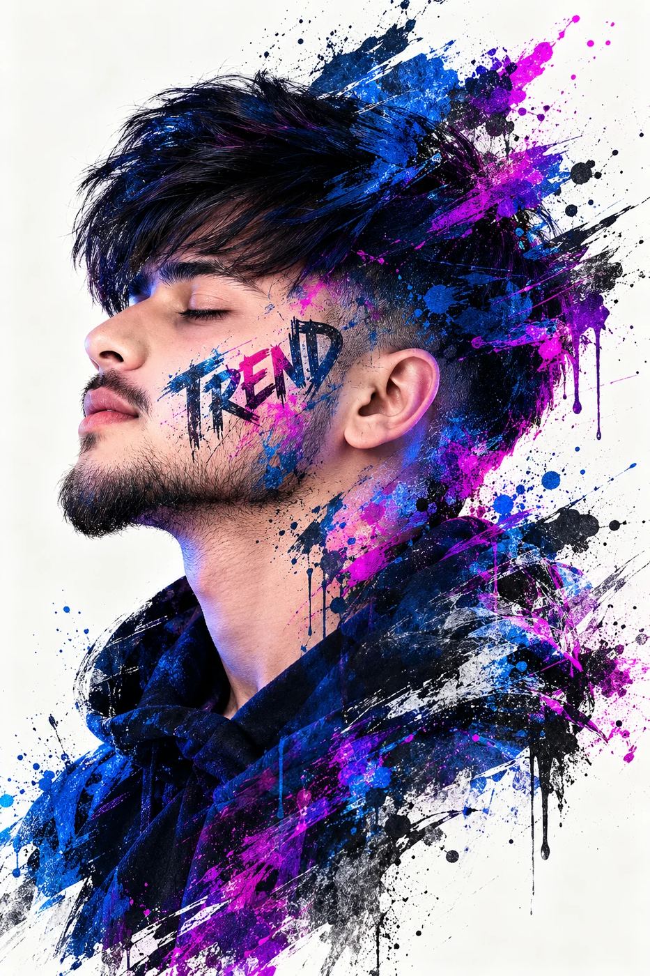 AI Photo Editing Prompt: Striking double-exposure digital portrait of a young man in profile blending with vibrant blue and magenta paint splatters and distressed typography on his face.