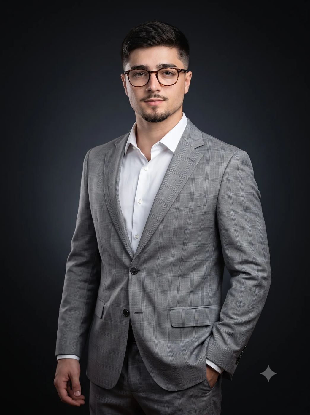 AI Photo Editing Prompt: Professional corporate portrait of a young man with a goatee wearing glasses and a light gray suit, standing against a dark charcoal studio background.
