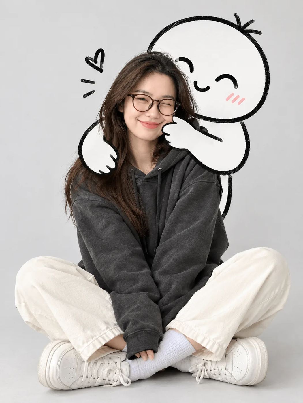 AI Photo Editing Prompt: Cute studio portrait of a smiling girl with glasses sitting on the floor while a white doodle character hugs her from behind.