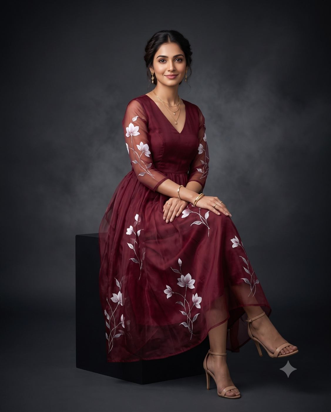 Elegant Indian Woman in Burgundy Floral Dress Studio Portrait AI Photo Editing Prompt. AI generated realistic studio portrait of a seated woman in a maroon floral midi dress wearing gold jewelry against a dark background.