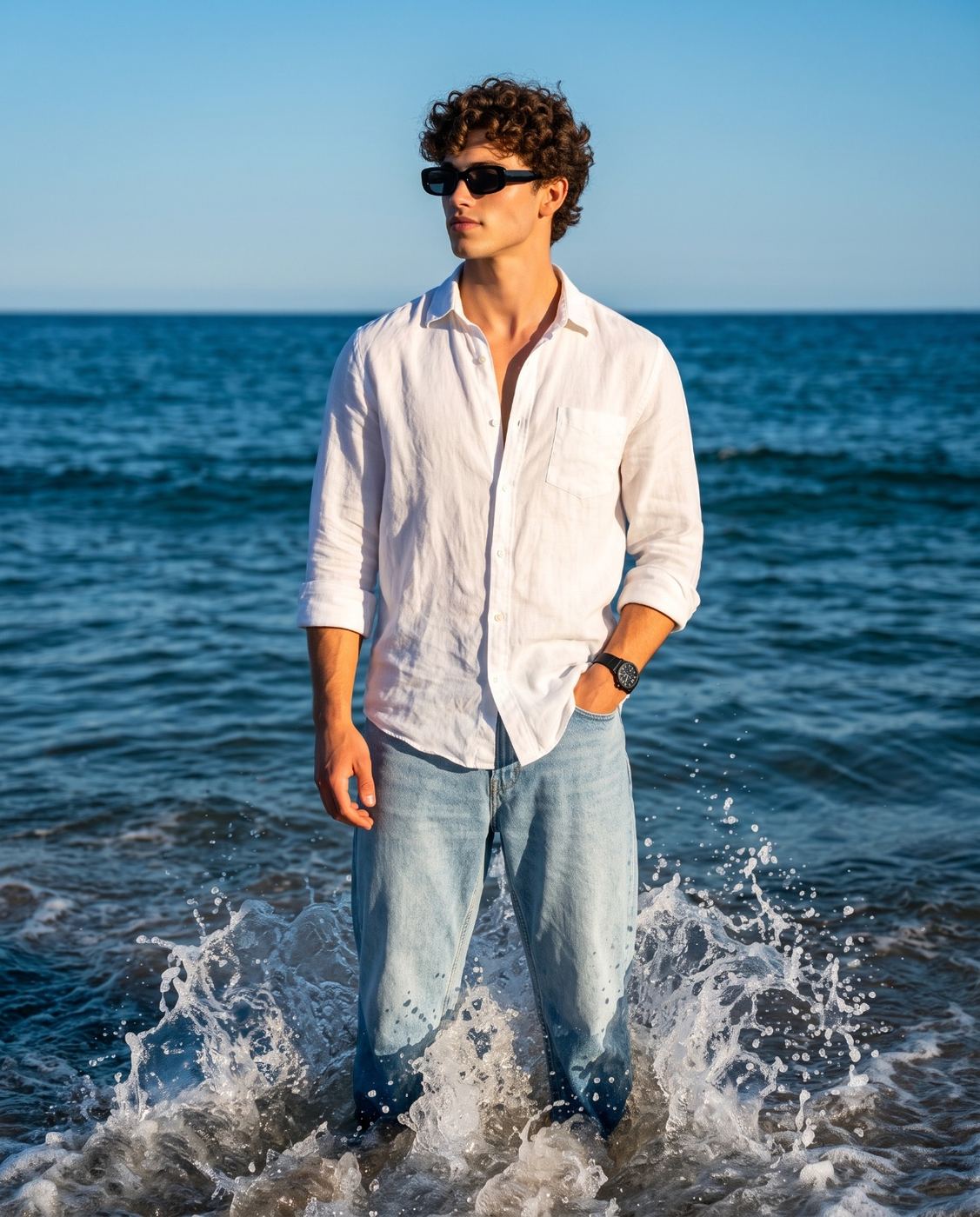 Man in White Linen Shirt Standing in Ocean Waves AI Photo Editing Prompt. AI generated coastal fashion portrait of a young man wearing sunglasses, a white linen shirt, and light blue jeans standing in splashing sea waves under a clear blue sky.