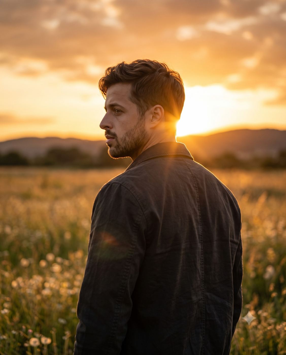 Man in Sunset Field Cinematic Portrait AI Photo Editing Prompt. AI generated cinematic photography portrait of a bearded man in a dark jacket looking away in a grassy meadow during a golden hour sunset with a sun flare.