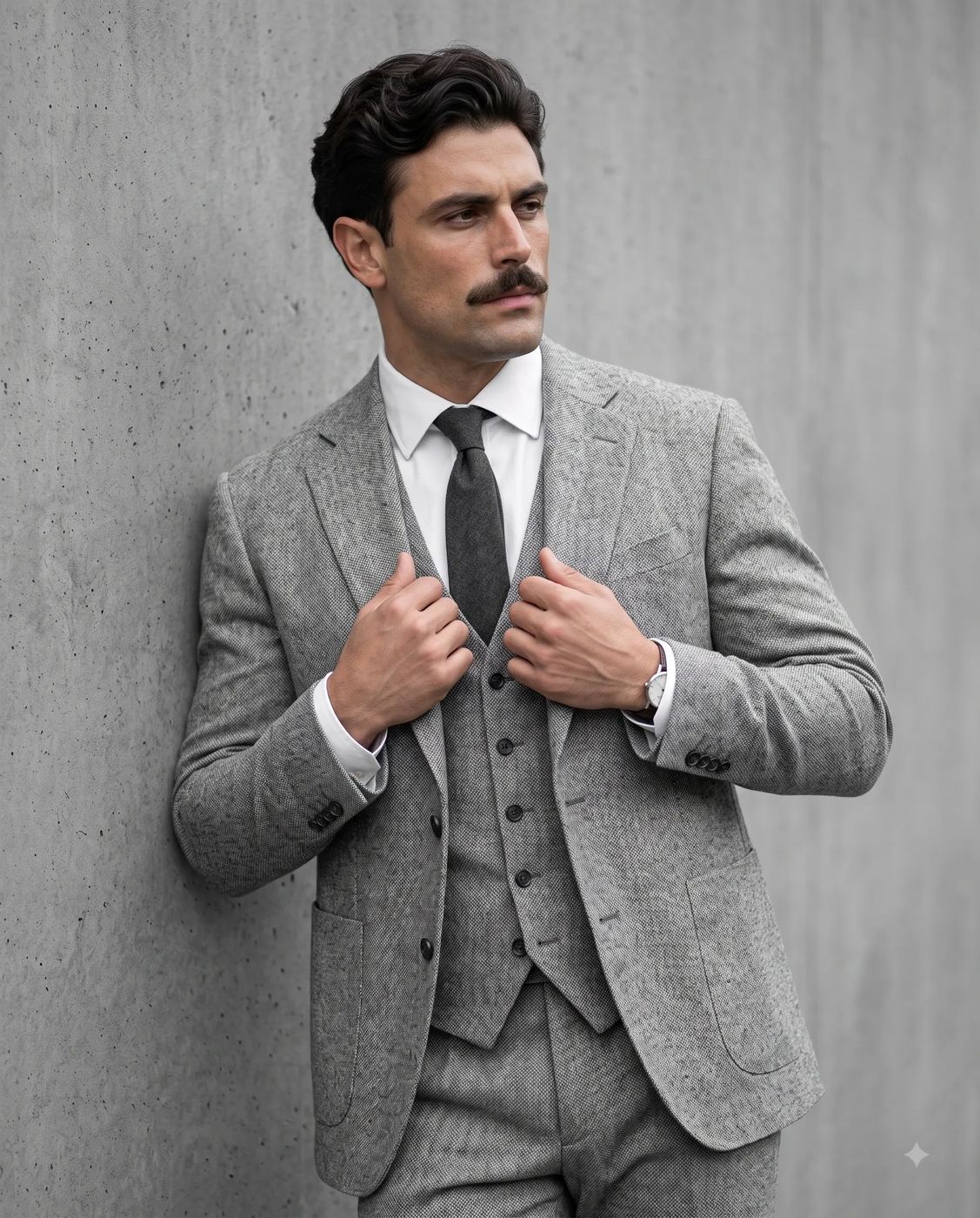 Vintage Editorial Menswear AI Photo Editing Prompt. Gemini AI generated portrait of a mustached man in a grey tweed three-piece suit adjusting his lapels against a concrete wall.