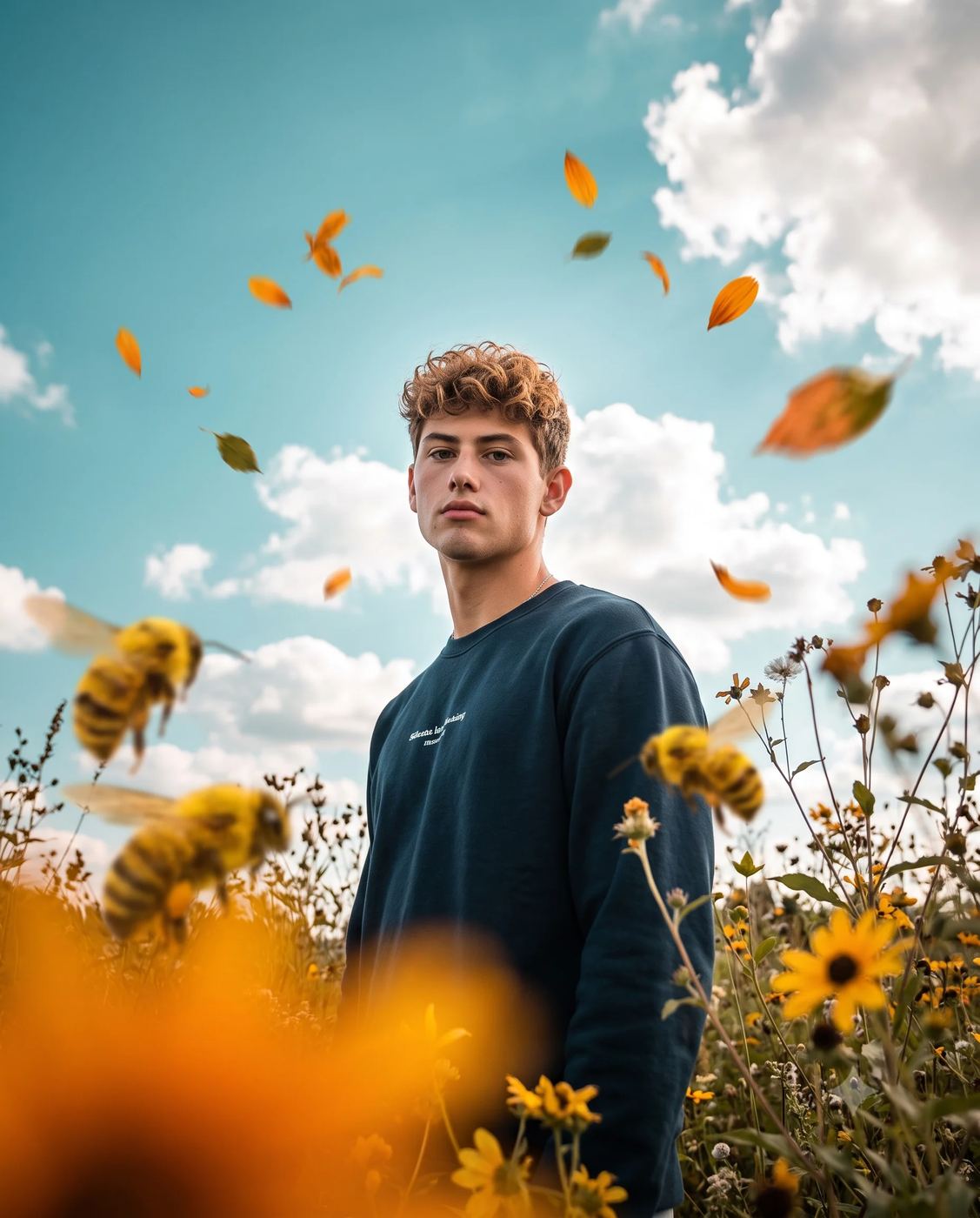 AI Photo Editing Prompt: Dreamy low-angle shot of a handsome boy in a navy sweatshirt standing in tall green grass and yellow flowers beneath a beautiful sky.