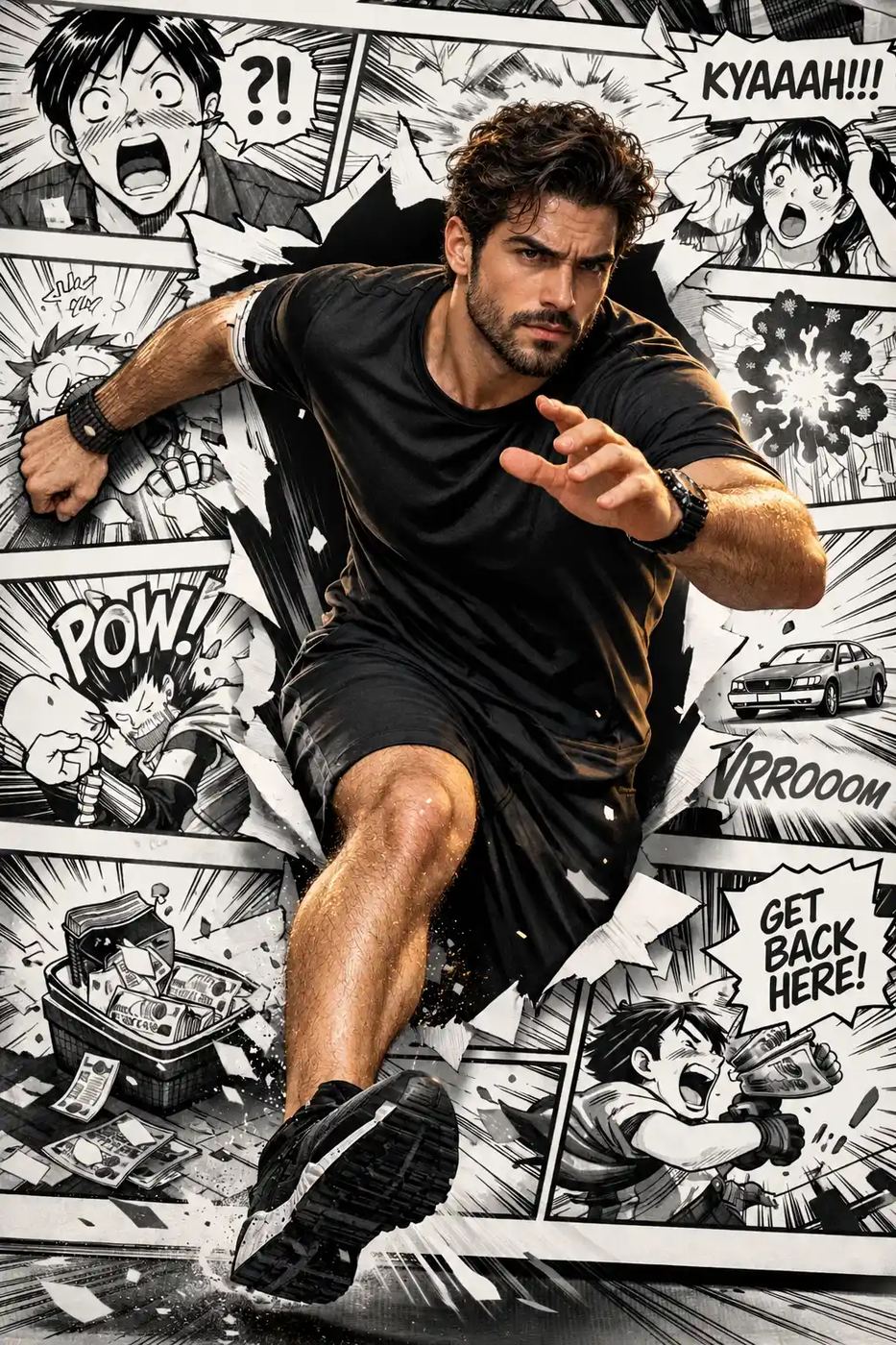 AI Photo Editing Prompt: Dynamic 3D image of a muscular man running and escaping from a black-and-white manga comic panel.