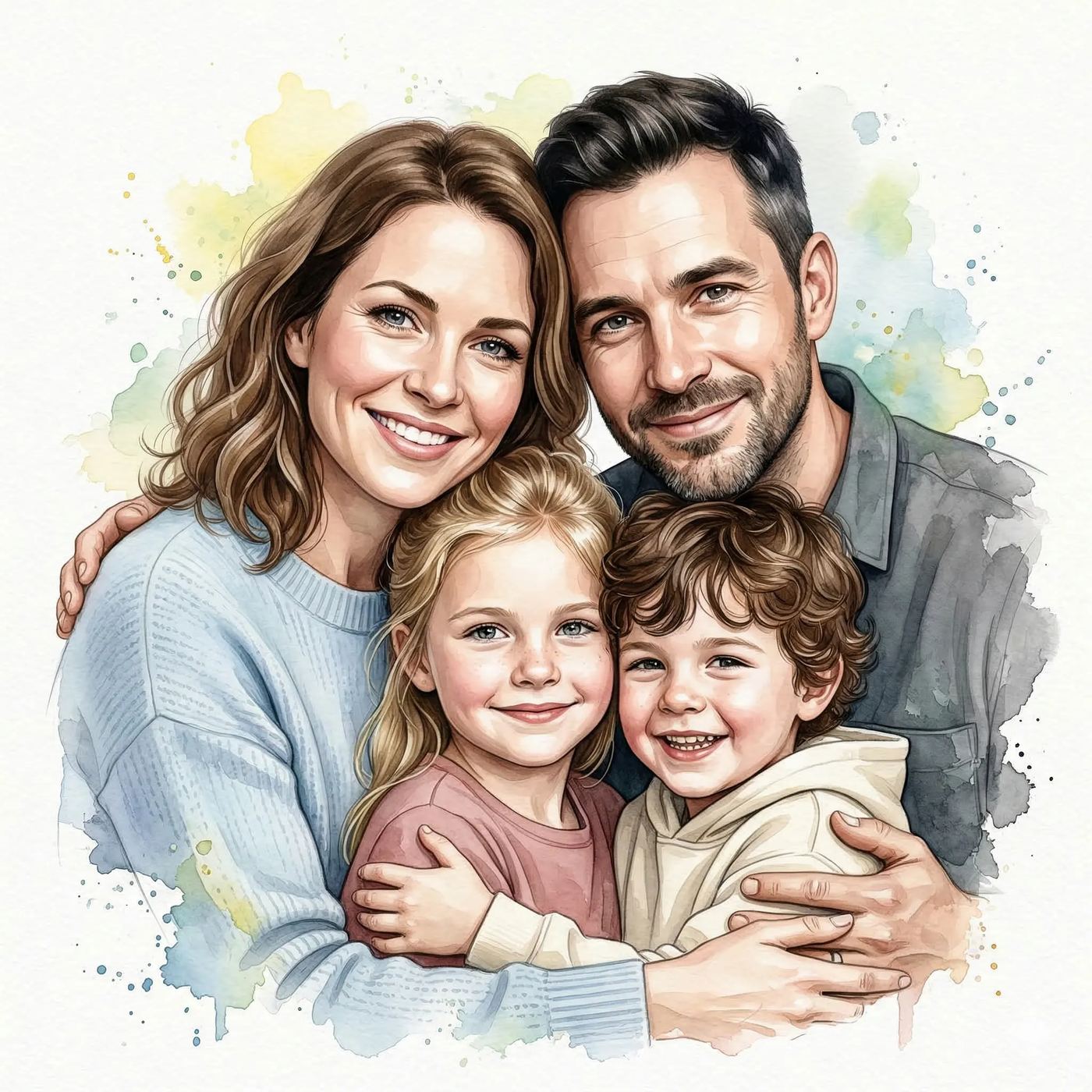 Happy Family Watercolor Portrait AI Photo Editing Prompt. AI generated digital watercolor illustration of a smiling family of four, featuring a mother, father, daughter, and son, in a warm embrace.