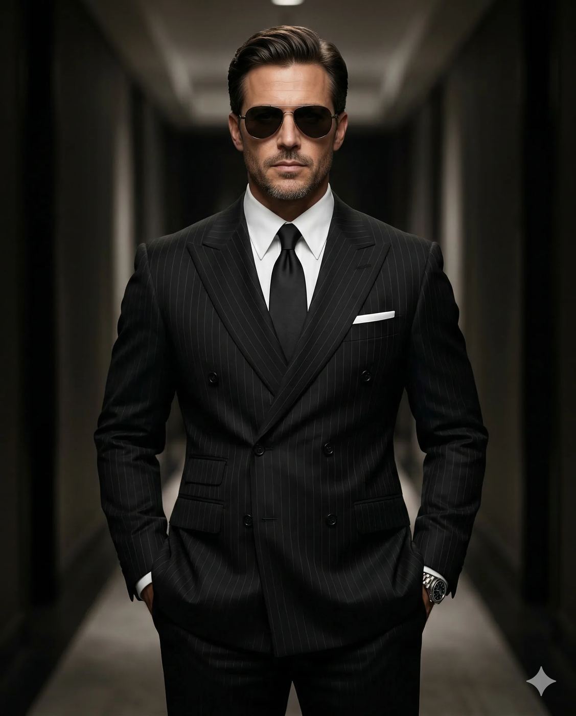 Man in Pinstripe Suit and Sunglasses Portrait Prompt. AI generated cinematic portrait of a sophisticated man wearing a black pinstripe double-breasted suit and aviator sunglasses in a dimly lit hallway.