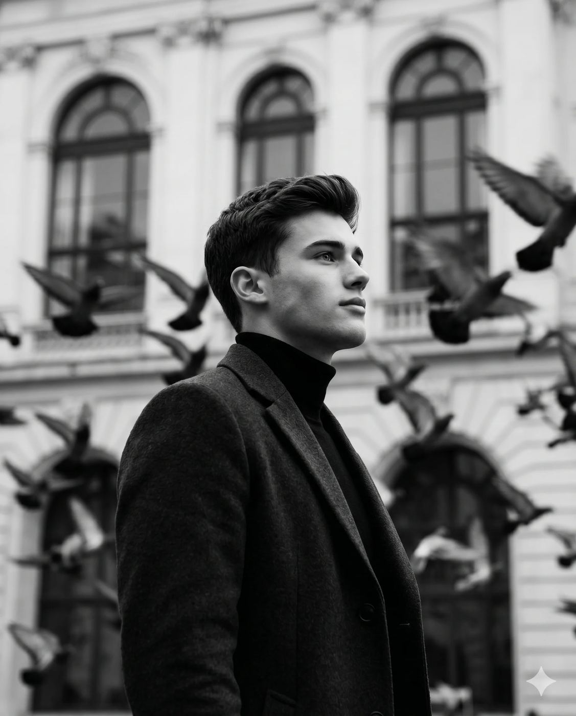 Man in Overcoat and Pigeons AI Photo Editing Prompt. AI generated cinematic black and white portrait of a stylish man in a wool coat with birds flying against a historic building backdrop.