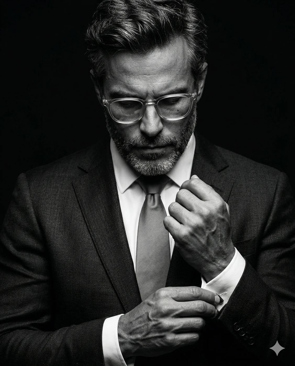 Man Adjusting Cufflinks in Suit AI Photo Editing Prompt. AI generated studio portrait of a bearded man with glasses wearing a formal suit and tie against a dark background.
