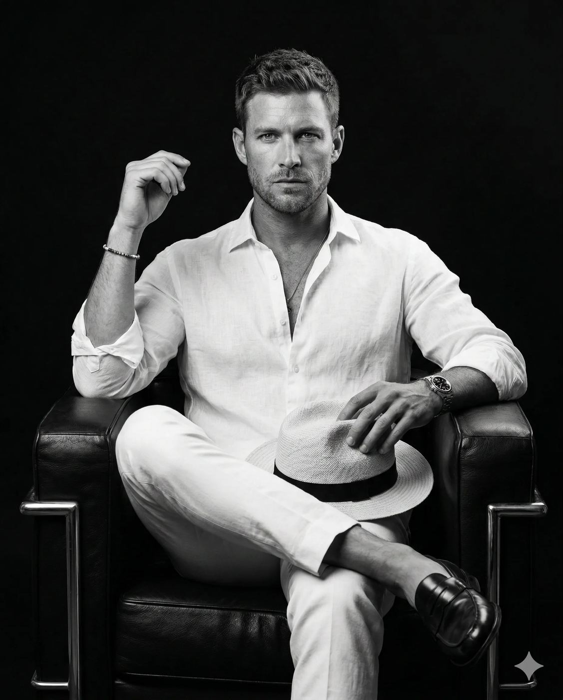 Monochrome Man in White Linen Suit AI Photo Editing Prompt. AI generated studio portrait of a man in a white linen shirt and trousers sitting in a black leather armchair while holding a straw hat.