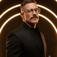 AI Generated Editorial portrait of a man with a mustache and clear glasses wearing a structured black jacket against a dark background with bright golden neon arcs.