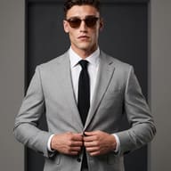 AI Photo Prompt: Crisp editorial photography of a highly confident man holding his suit lapels in a clean gray architectural studio setting.
