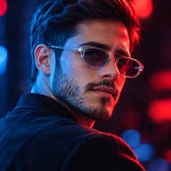 ChatGPT Plus Image Prompt: Moody cyberpunk portrait of a confident man wearing oval sunglasses illuminated by vivid red and blue neon lights with a dark blurred background.