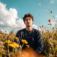 AI Photo Prompt: Cinematic low-angle portrait of a calm young man in a dark sweatshirt sitting among yellow flowers with floating orange petals against a bright blue sky.