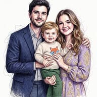 Happy Family Sketch Portrait AI Photo Editing Prompt. AI generated digital illustration portrait of a smiling young family: father in a blue blazer, mother in a purple patterned dress, and baby in a fox sweater.