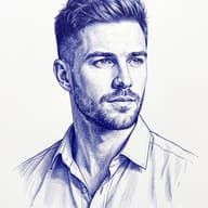 Blue ballpoint pen sketch portrait of a bearded man AI Photo Editing Prompt. AI generated digital illustration of a handsome young man with textured hair and a short beard drawn in detailed blue ink crosshatching.