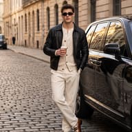 Stylish man with coffee leaning on a luxury SUV in cinematic street photography style AI Photo Editing Prompt. AI generated lifestyle portrait of a handsome bearded man with a mustache, sunglasses, and black leather jacket standing next to a black car on a cobblestone street.