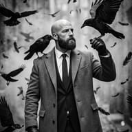 AI Prompt: Black and white noir portrait of a bald man with a beard in a classic wool coat, holding a crow on his gloved hand amidst swirling feathers.