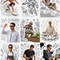 Multi-Hobby Sketch Collage AI Photo Editing Prompt. AI generated portrait illustration featuring a bearded man across nine hand-drawn scenes — from ocean surfing and space exploration to gardening, meditation, and fine art painting.