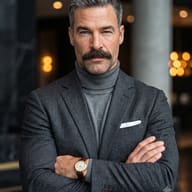 Professional Man Portrait AI Photo Editing Prompt. AI generated portrait of a mature man wearing a patterned grey suit jacket and a grey turtleneck with crossed arms, against a blurred background with warm lights.