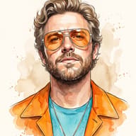 Watercolor Portrait of Man with Orange Glasses AI Photo Prompt. AI generated watercolor illustration of a stylish bearded man in an orange jacket and blue shirt with watercolor background splashes.