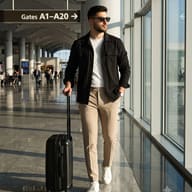 AI-generated photo of a man in a black overshirt and beige trousers walking through an airport terminal with a suitcase.