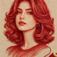 ChatGPT red thread art portrait of a young woman with wavy hair and hoop earrings stitched on beige linen canvas with a wooden spool.
