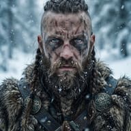 AI Prompt for Detailed close-up of a rugged Viking featuring Celtic brooches, fur armor, and melting snow on his beard and face.
