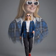 Walking Woman in Blue Plaid Outfit AI Photo Editing Prompt. AI generated studio portrait of a young woman wearing a blue flannel shirt, grey cargo pants, and white rectangular sunglasses walking against a larger smiling face overlay.