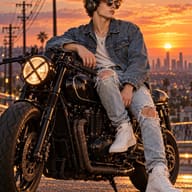 ChatGPT AI Photo Prompt: Stylish urban man wearing sunglasses and ripped jeans posing casually on a café racer bike at sunset.