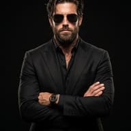 AI Photo Prompt: Photorealistic dark editorial portrait of a fierce bearded man in a sharp black suit and aviator sunglasses with subtle overhead rim lighting.