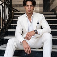 Luxury Men's Fashion AI Portrait Prompt. AI generated portrait of a stylish man in a tailored white suit and luxury watch sitting on marble stairs.