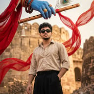 Creative Lord Krishna Themed Photography AI Photo Editing Prompt. AI generated photo devotional portrait of a young indian man in a patterned shirt and sunglasses standing in a stone fort, with a divine blue hand holding a peacock feather flute over him.