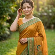 AI generated portrait of a smiling woman in an elegant mustard-yellow silk saree, adorned with traditional jewelry and henna, set against a soft, sun-dappled garden background.
