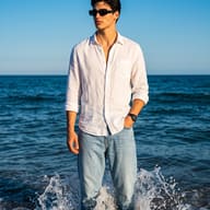 Man in White Linen Shirt Standing in Ocean Waves AI Photo Editing Prompt. AI generated coastal fashion portrait of a young man wearing sunglasses, a white linen shirt, and light blue jeans standing in splashing sea waves under a clear blue sky.