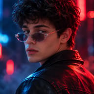 AI Generated Ultra-realistic cyberpunk portrait of a young man with curly hair looking over his shoulder against a blurred neon city background.