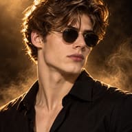 ChatGPT Image Prompt: Cinematic portrait of a confident man in a black shirt and sunglasses with a dramatic amber backlight and smoke.