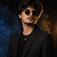 Editorial Smoke Portrait ChatGPT AI Photo Prompt. AI generated portrait of a young man with tousled hair and a light mustache, wearing gold sunglasses and a black suit under blue-orange studio lighting.