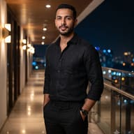 Man in Black Outfit on Night Balcony AI Photo Editing Prompt. AI generated portrait of a bearded man in a black shirt and trousers standing in a hotel corridor with city skyline lights at night.