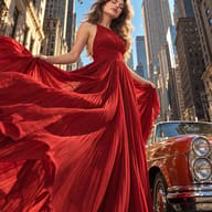 AI Photo Editing Prompt: Wide-angle street photography of a beautiful model in an extravagant red gown standing elegantly near a classic car against a towering New York city skyline.