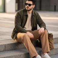 Urban Street Style Portrait AI Photo Editing Prompt. AI generated portrait of a stylish young man in sunglasses with a beard, wearing an olive suede jacket and tan trousers, sitting on stone steps next to a canvas bag.