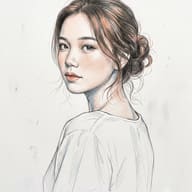 Woman Portrait Sketch AI Photo Editing Prompt. AI generated digital illustration of a thoughtful young woman with a messy bun gently looking over her shoulder, capturing a soft and serene expression.