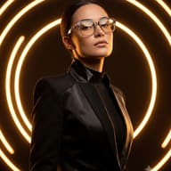 AI Prompt: Elegant woman with sleek dark hair pulled back, wearing thick clear glasses and a black structured blazer against a dramatic background of warm neon rings.