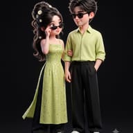 3D Cartoon Couple in Matching Green Outfits 3D Illustration AI Photo Editing Prompt. AI generated 3D illustration of a stylish animated man and woman wearing matching light green and black outfits with sunglasses standing together.   
