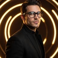 AI Generated Cinematic editorial portrait of a man with dark hair and a short beard, wearing clear glasses and a black blazer, lit by vibrant golden neon circles.